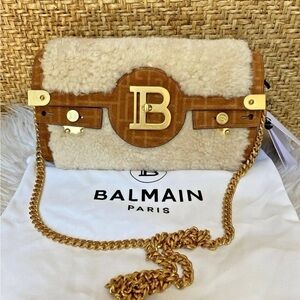 Balmain B-Buzz 23 Shearling Suede Leather Trimmed Monogram Chain Shoulder Bag